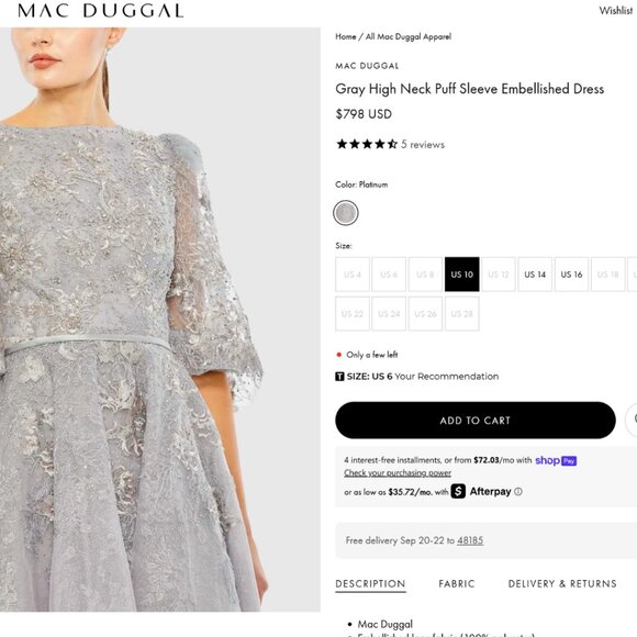 Mac Duggal Size 22 Silver Gray High Neck Puff Sleeve Floral Midi Tea Dress Gown - Picture 2 of 6